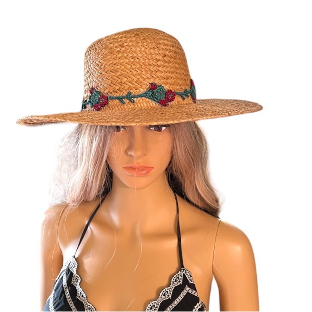 Liz Claiborne Straw Teal & Red Beaded Sun Beach / Summer Hat
